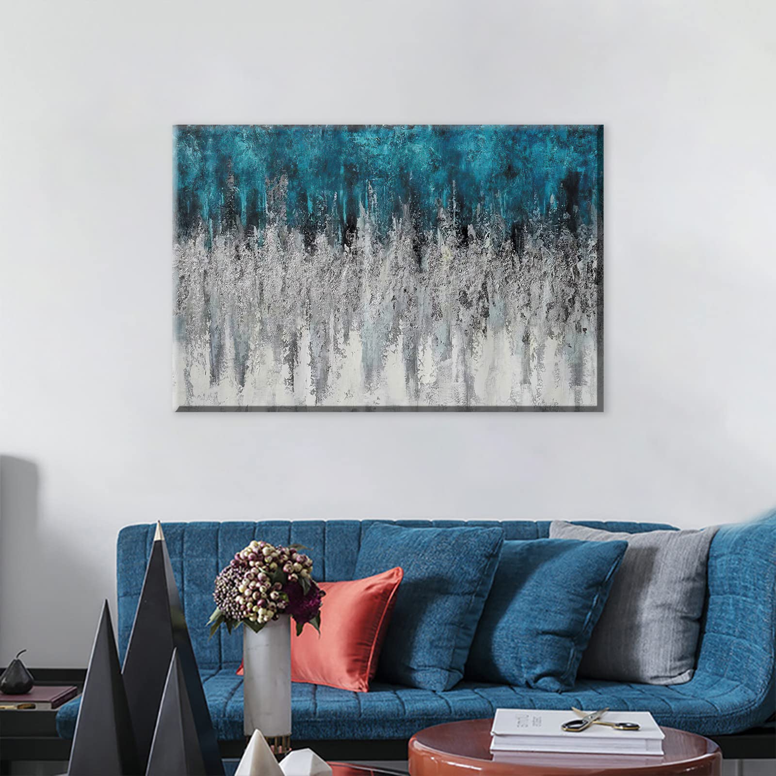 In Panel Turquoise キャンパスアート　LLAC Abstract Teal Canvas Wall Art Turquoise Abstract Painting Teal and